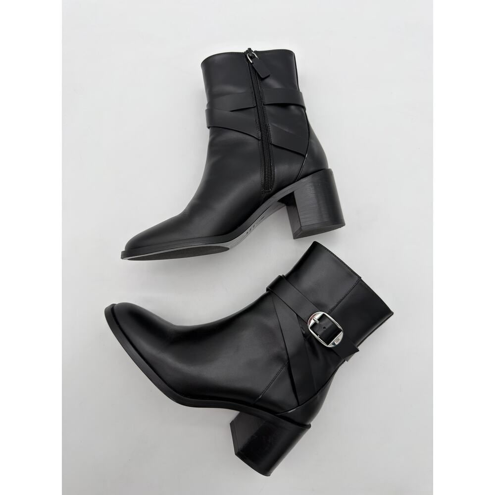 Stuart Weitzman Esme Ankle Belted Buckle Zip Black Booties Spain Leather 8